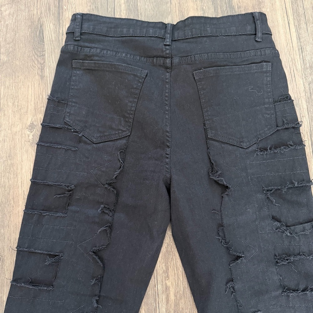 Women’s Black Denim Stacked Jeans Black Distressed Straight Leg Mid Rise Y2K M - Picture 8 of 17